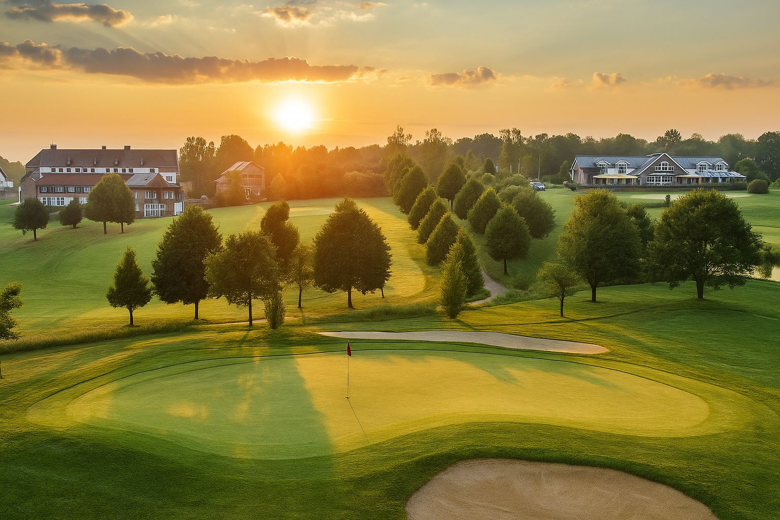 Gut Heckenhof: golfbaan met hotel en clubhuis bij zonsondergang